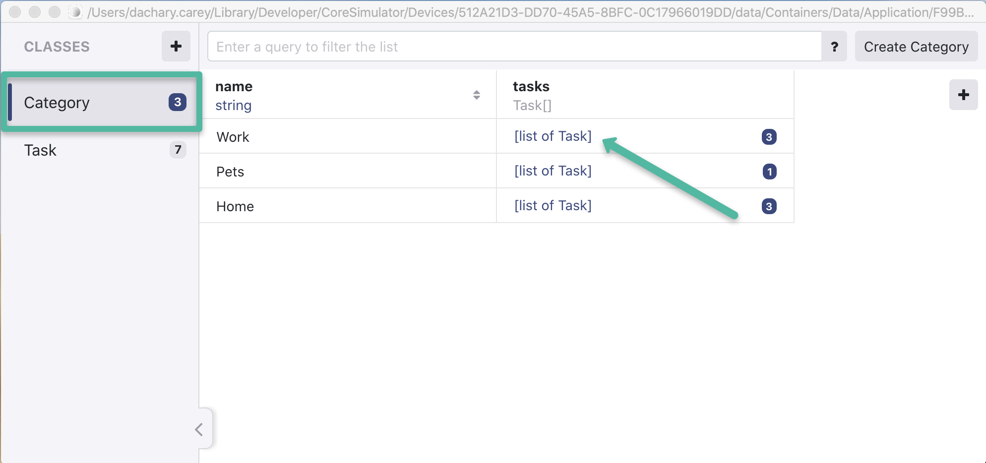 Realm Studio screenshot showing the Category class selected and the "list of task" for category view.