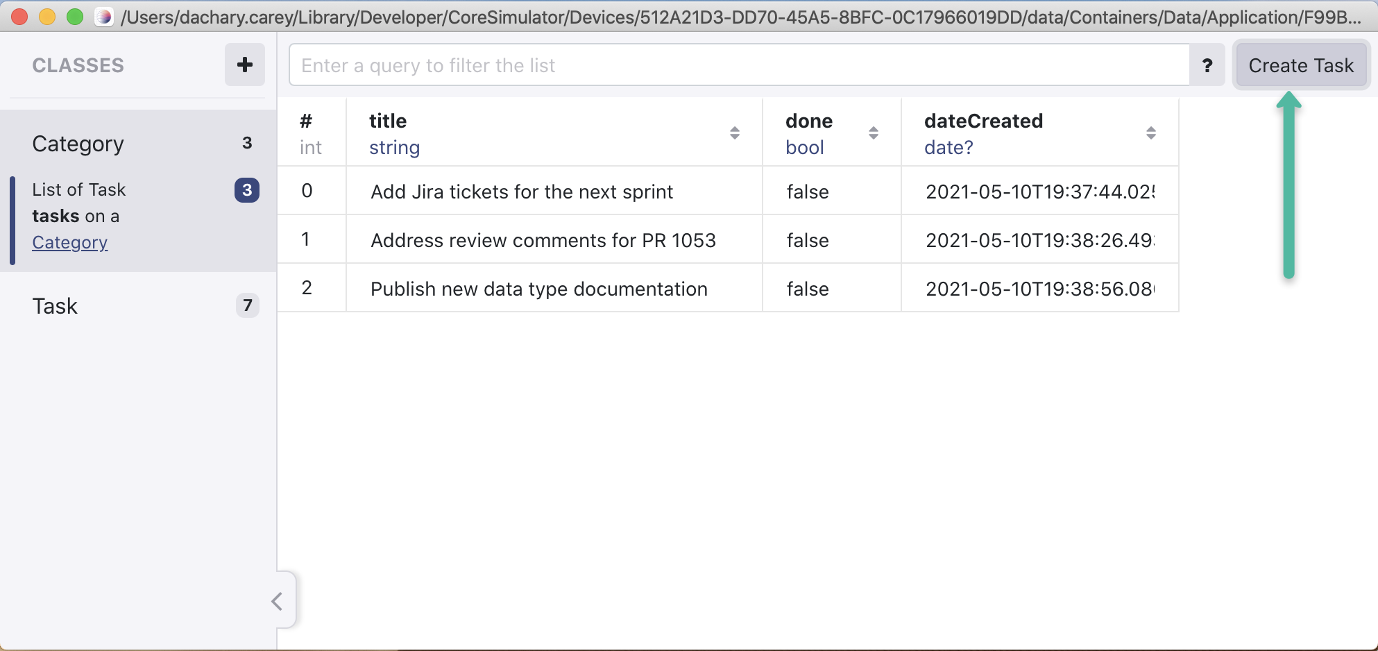 Realm Studio screenshot showing the task objects belonging to the "Work" category, and the "Create task" button.